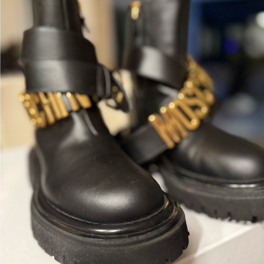 Moschino Black Moto Boots with Gold Accents - Picture 6 of 8